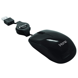 A black retractable iHome travel mouse with USB. White iHome logo appears on the centre of the mouse.