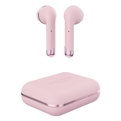 Pink Happy Plugs wireless earbuds with pink travel case. Happy Plugs logo imprinted on top of travel case.