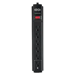 A black six outlet surge protector with red button. White Tripp-Lite logo appears on the top.