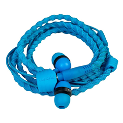 Bright blue fabric wrapped Wraps earphones.