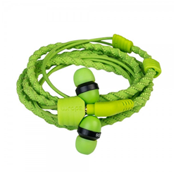 Bright green fabric wrapped Wraps earphones.