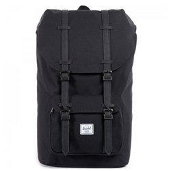 A black Herschel backpack with black straps. Front pocket has the Herschel logo embroidered in white and black in the centre.
