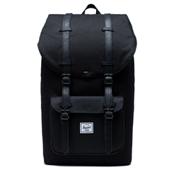 A black Herschel backpack with black leather details. Front pocket has the Herschel logo embroidered in white and black in the centre.