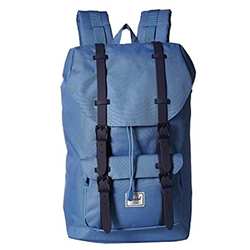 A light blue Herschel backpack with black straps and a light blue front pocket. Front pocket has the Herschel logo embroidered in white and black in the centre.
