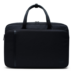A black Herschel messenger bag with a black handle and front full size pocket. Front pocket has the Hershel logo embroidered in black on the bottom right corner of front pocket.