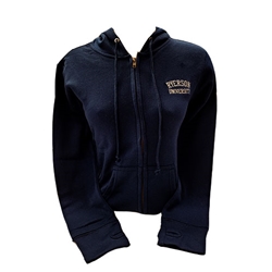 A navy full zip hoodie. Ryerson University in white text appears on the left side of the chest.