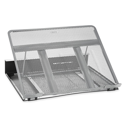 A grey metal mesh laptop stand.