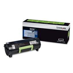 The black box of a Lexmark 501H high yield return toner cartridge. Black toner cartridge appears to the left of the box.