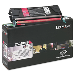 The black box of a Lexmark C5220MS magenta toner cartridge. Magenta toner cartridge appears on the top of the box.