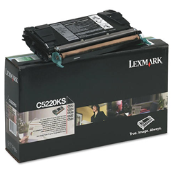 The black box of a Lexmark C5220KS black toner cartridge. Black toner cartridge appears on the top of the box.