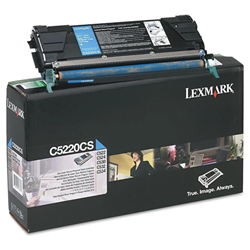 The black box of a Lexmark C5220CS cyan toner cartridge. Cyan toner cartridge appears on the top of the box.