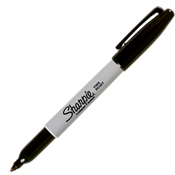A black, fine-tip Sharpie brand marker in black and grey plastic with the Sharpie logo.