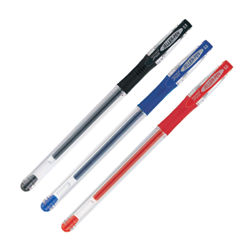Three Jeller-Pen brand gel pens in black, blue and red.