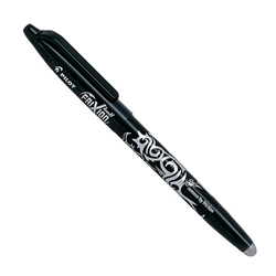 A black Pilot brand erasable gel pen with abstract white pattern on pen.