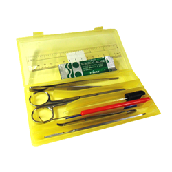 A dissecting kit with multiple tools in a yellow vinyl case.