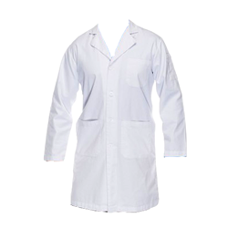 A small white, long sleeved lab coat.