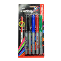 A pack of five BIC Intensity finepoint pens in black, red, blue and green.