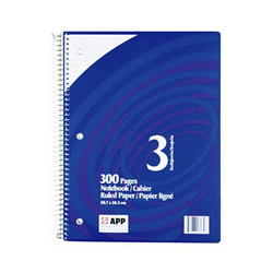 An APP brand 300 page ruled notebook with a blue cover.