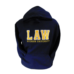 A long sleeved, navy blue hoodie. Gold Law text embroidered on centre of chest with embroidered Ryerson University appearing below.
