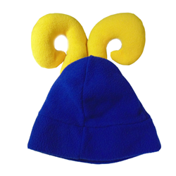 A blue felt hat with yellow ram horns attached to the top.