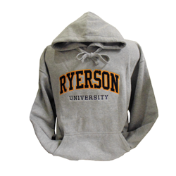 A light grey hoodie with a pocket across the stomach. Ryerson University in blue and gold text appears on the centre of the chest.