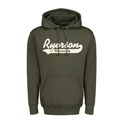 An olive green fleece hoodie. Ryerson University white text appears on the centre of the chest.