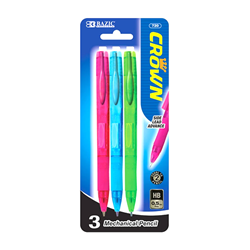 A pack of three Crown brand 0.5mm mechanical pencils with pink, blue and green exteriors.