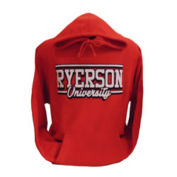A red long sleeved hoodie. Ryerson University in white and black text appears in the centre of the chest.