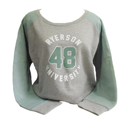 A grey and light green crewneck sweater. Ryerson University white text and 48 light green text appear in the centre of the chest.