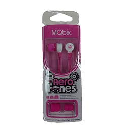 A pair of pink and white MQbix brand Aerofones earbuds in pink and white packaging.