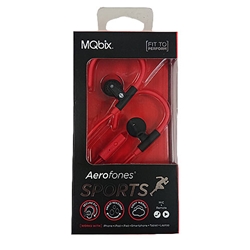 A pair of red and black MQbix brand Aerofones Sports earbuds in black and red packaging.
