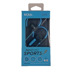 A pair of blue and grey MQbix brand Aerofones Sports earbuds in blue and grey packaging.