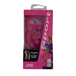 A pair of pink JVC headphones in pink packaging showing two people running.