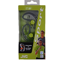 A pair of green JVC headphones in green packaging showing two people running.