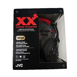 Black JVC brand Xtreme Xplosives headphones with microphone and remote in black packaging.