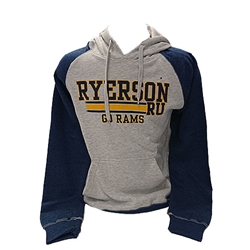 A blue and light grey two-toned hoodie. Ryerson Rams Go Rams text appears in black and gold text across the chest.