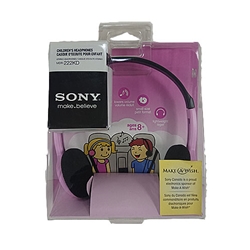 A pair of Sony MDR-222KD headphones in a pink cartoon package.