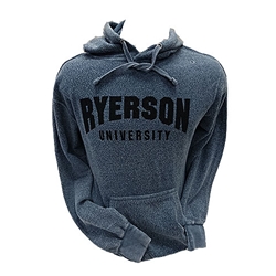 A blue hoodie with a pocket across the stomach. Ryerson University in black text appears on the centre of the chest.
