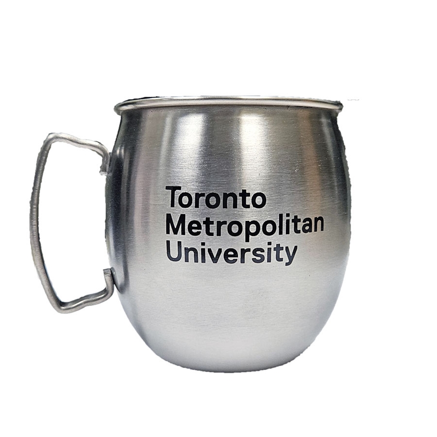 A copper plated mug with Ryerson University text in black appearing on the side.