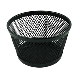 A paper clip holder with a mesh wire metal design and dimensions of 3 1/2" diam. x 2"H
