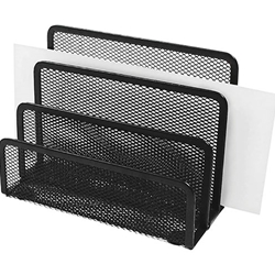 A holder with a mesh wire metal design and 4-tiers which creates 3 sections for organizing documents and letters