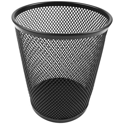 A cup with a black mesh wire metal design to a variety of writing instruments with dimensions of 3 7/8" dia. x 4 1/2"H