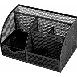 A holder with a black mesh wire metal design and 7 sections for organizing documents and letters