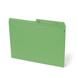 One box which contains 100 units of letter size file folders in the colour green with 10.5 pts thickness.