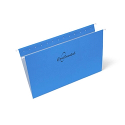 One box which contains 100 units of legal size hanging folders in the colour blue each with reinforced steel rods that have coated tips