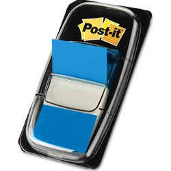 A package of 50 stick-on flags in the color blue. Includes 1 dispenser. Each strip measures 1.7" x 1" (43 mm x 25 mm)