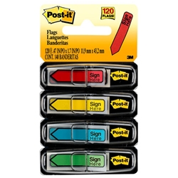 A package of 120 flags. 30 each of yellow, blue, green and red with a "Sign Here" arrow outline. Each strip measures 1.7" x 0.5" (43 mm x 13 mm)