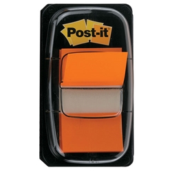 A package of 50 stick-on flags in the color orange. Includes 1 dispenser. Each strip measures 1.7" x 1" (43 mm x 25 mm)