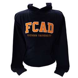 A long sleeved, navy blue hoodie. Gold FCAD text embroidered on centre of chest with embroidered Ryerson University appearing below.