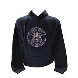 A navy long sleeved hoodie. A Ryerson University crest felt patch appears in the centre